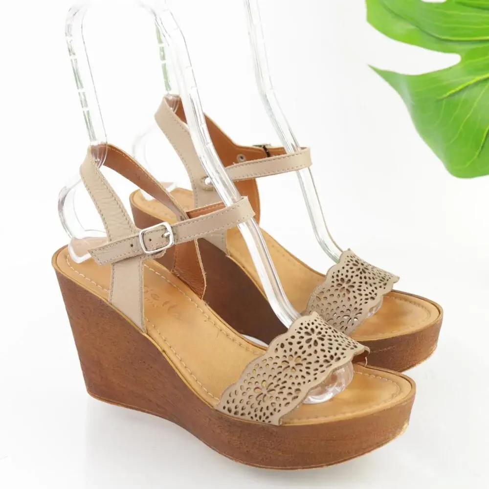 Mariella Womens Sandal Size 8.5 Tan Leather Wedge Platform Ankle Strap Shoe Boho